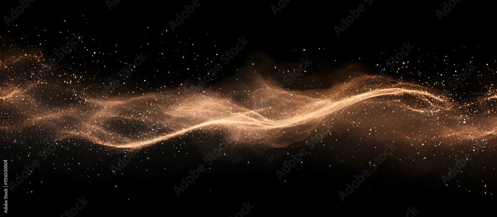 Poster golden dust particles moving elegantly on black background with copyspace for text and design elemen