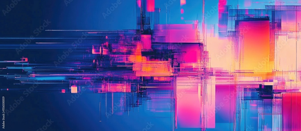 Poster vibrant abstract digital distortion art with high contrast colors ideal for text overlay in horizont