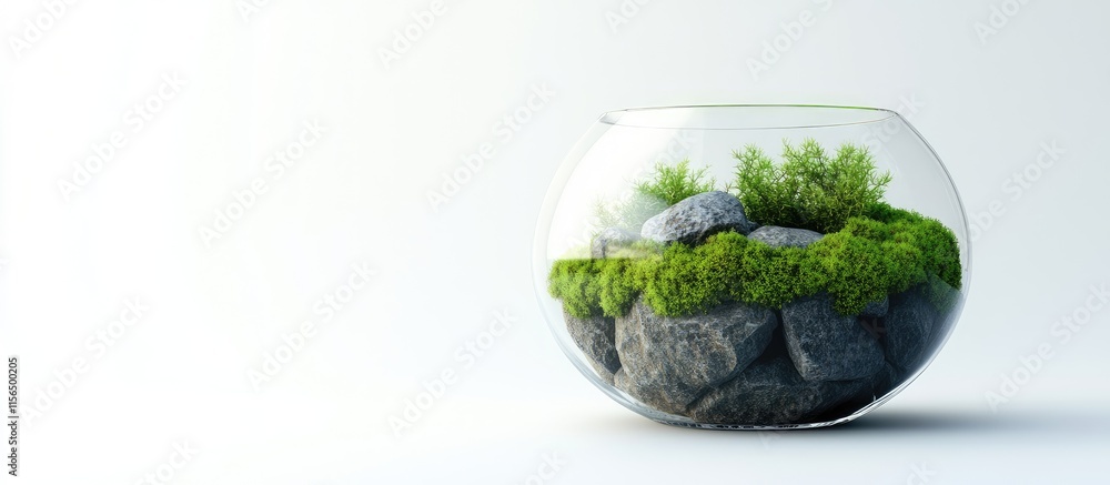 Poster 3d rendered moss and stones arranged in a glass bowl on a white background with ample space for text