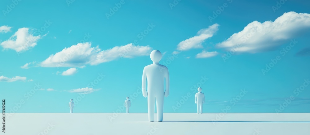 Poster 3d figures on serene blue sky representing teamwork collaboration communication in social networks e