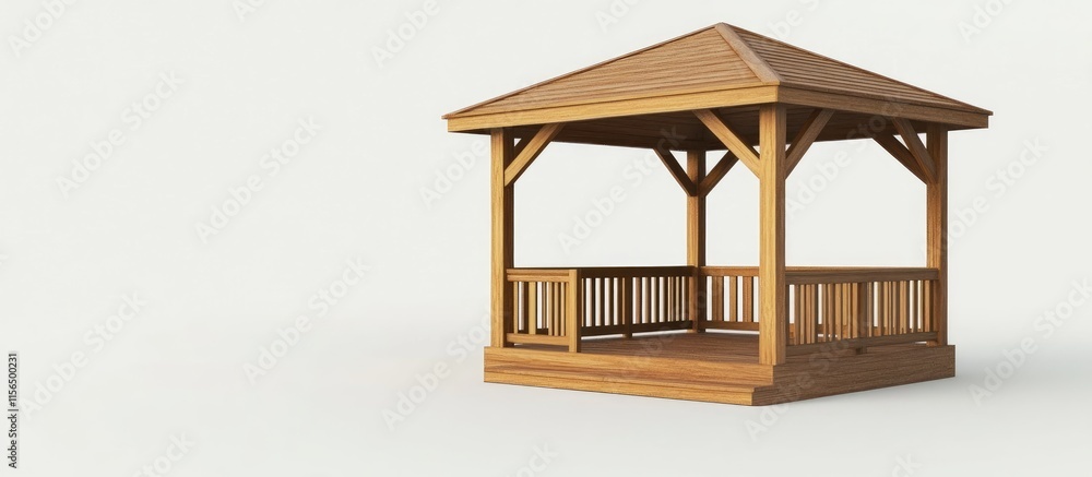 Poster 3d rendering of a wooden gazebo with an elevated floor and ample space for text or graphic design in