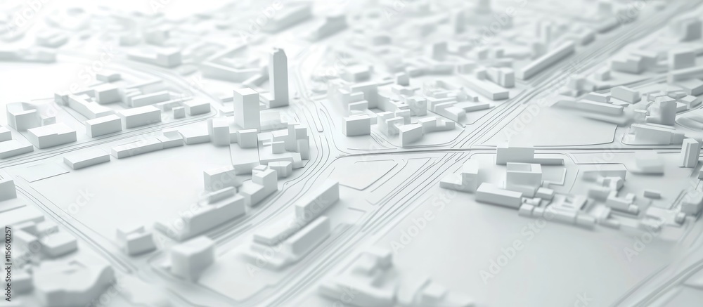Poster 3d urban landscape map in monochrome showcasing structures and roads with angled perspective and emp