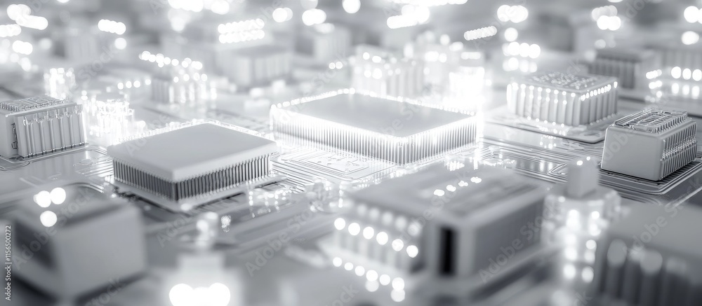 Poster 3d futuristic technology circuit board design with illuminated components and ample space for custom