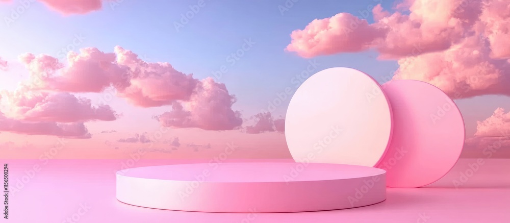 Poster 3d illustration of serene pink sky with fluffy clouds and minimalistic circular podiums creating a p