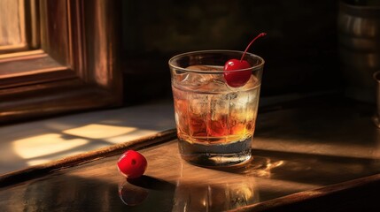 Classic Old-Fashioned Cocktail with Cherry Garnish, Reflecting Balance and Joy in Life's Simple Pleasures