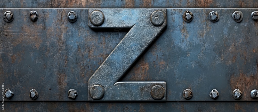 Poster industrial 3d metal letter z on textured background with rivets and room for custom text or branding