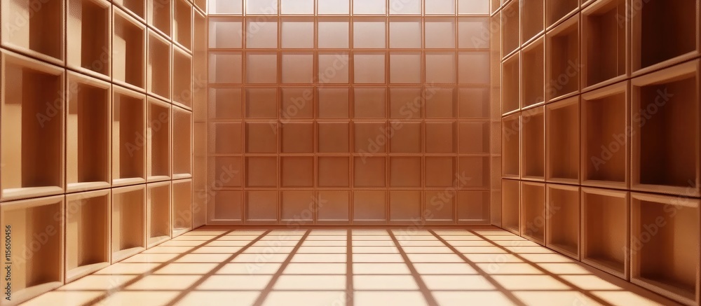 Poster 3D Illustration of Warm Brown Grid Structure with Cube Background and Mesh Light Featuring Empty Space for Text or Graphics