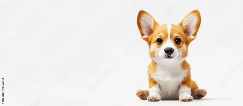 Poster 3d kawaii corgi puppy dog sitting isolated on white background with adorable expressions and empty c