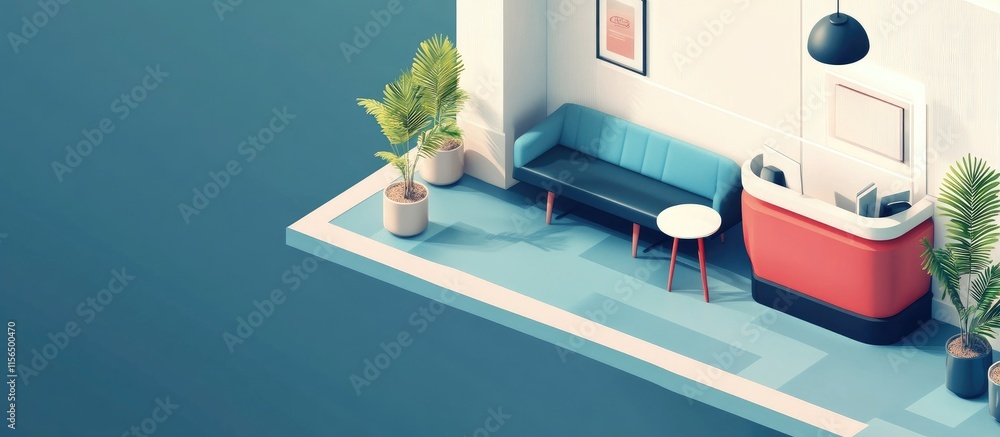Poster isometric view of modern entry lobby design featuring stylish furniture and ample copy space for tex