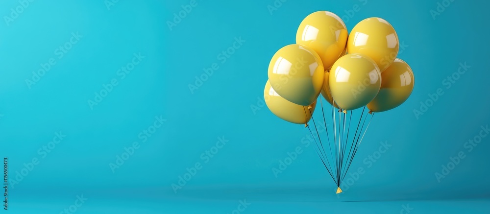 Poster 3d rendering of vibrant yellow celebration balloons on a turquoise background with ample empty space