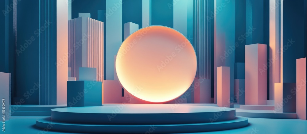 Poster futuristic 3d abstract architectural composition with circular elements and modern buildings ideal f