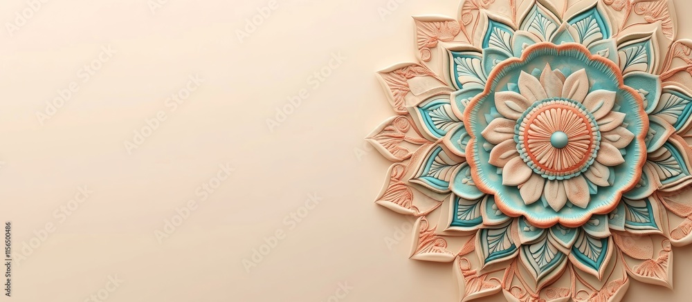 Poster 3d mandala design with geometric circular motifs in pastel colors and empty copyspace for text displ