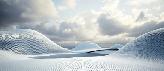 3D Abstract Landscape with Smooth Textured Hills and Dramatic Cloudy Sky Ideal for Technology or Nature Themes in Advertising