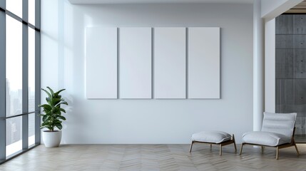 Fototapeta premium Modern interior featuring empty canvas panels and a plant in a bright, spacious room.