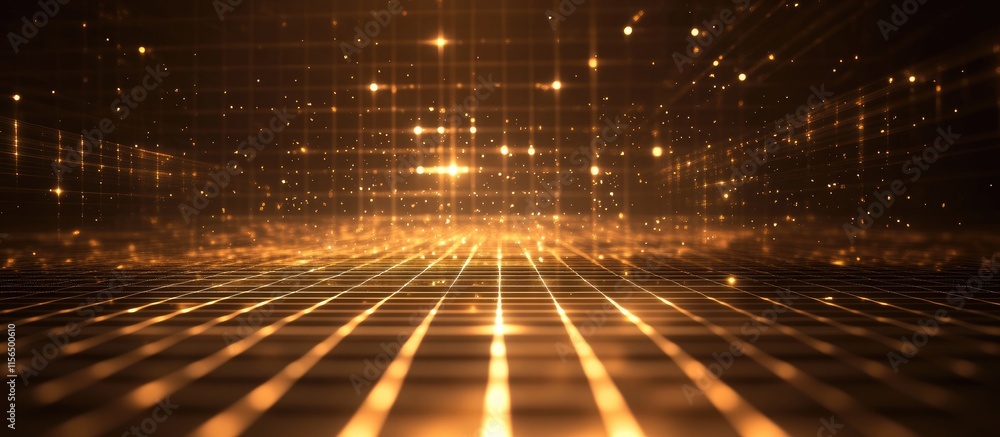 Poster 3D Grid Structure Illustration with Brown Cube Background and Mesh Lights Creating a Glowing Visual Effect Ideal for Text Overlay