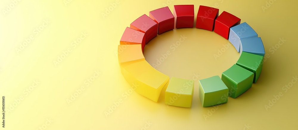Poster 3d circular flow diagram infographic with colorful segments and copyspace for text on soft yellow ba