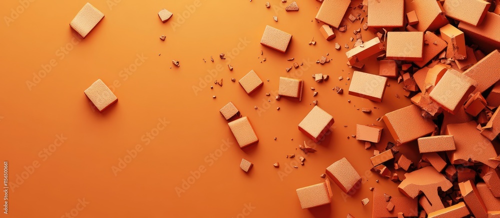 Poster 3D rendering of scattered broken bricks on an orange background with ample empty space for text and creative design elements.