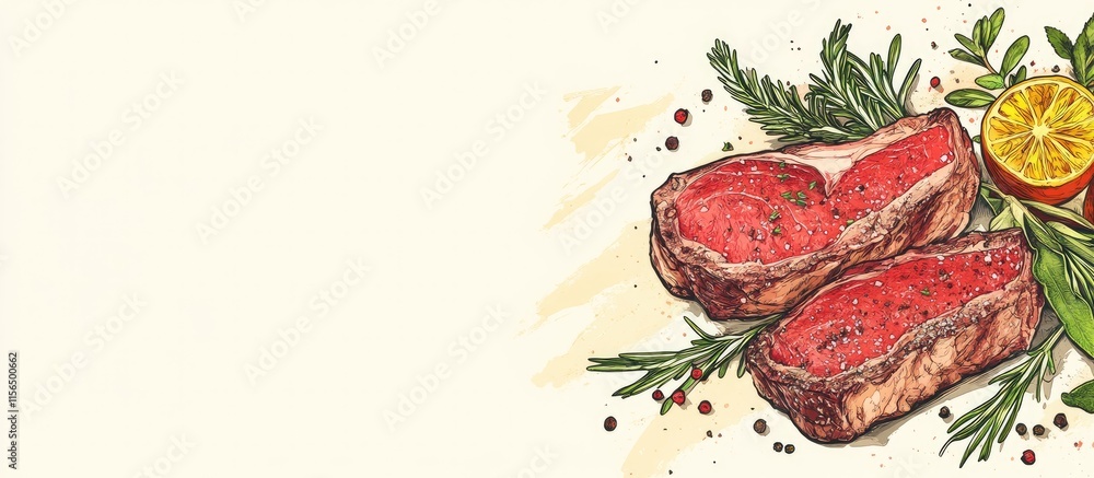 Poster savory beef steak with fresh herbs and spices featuring empty space for customization and text place