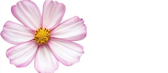 Fototapeta premium Delicate pink flower with yellow center isolated on white background creating ample space for elegant text or design overlays