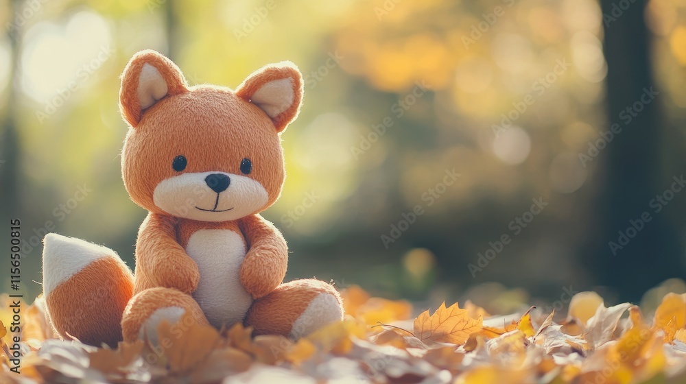Poster cuddly fox plush toy surrounded by autumn leaves with soft focus background and space for text perso