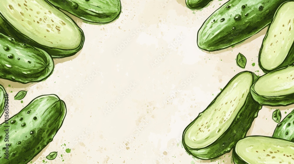 Poster cucumber slice doodle surrounding blank space for text and design elements in a fresh green theme