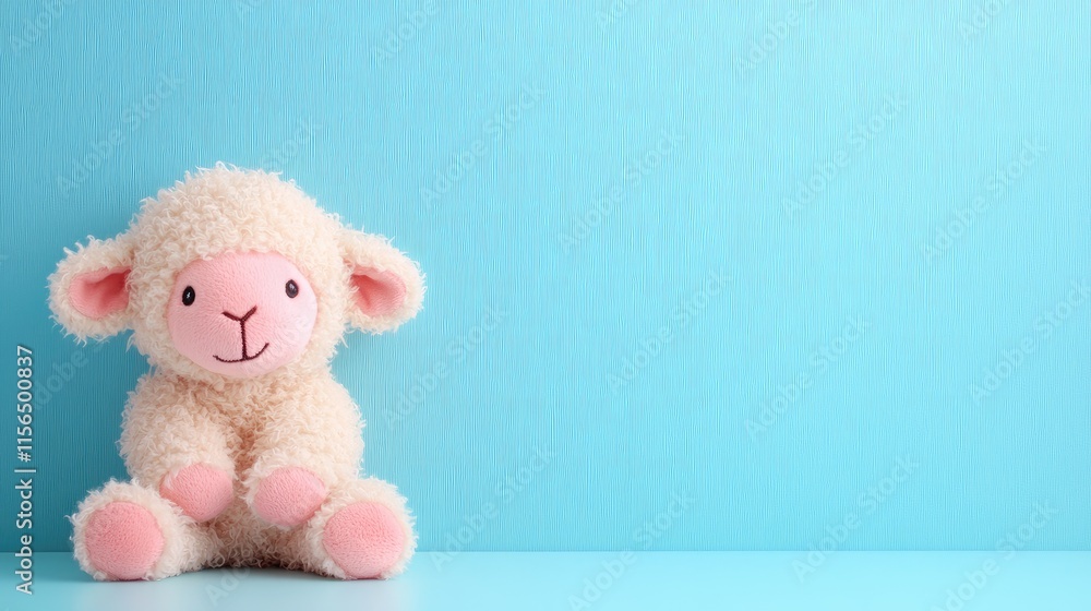 Poster cuddly curly sheep plush toy sitting on blue background with blank space for custom text or design