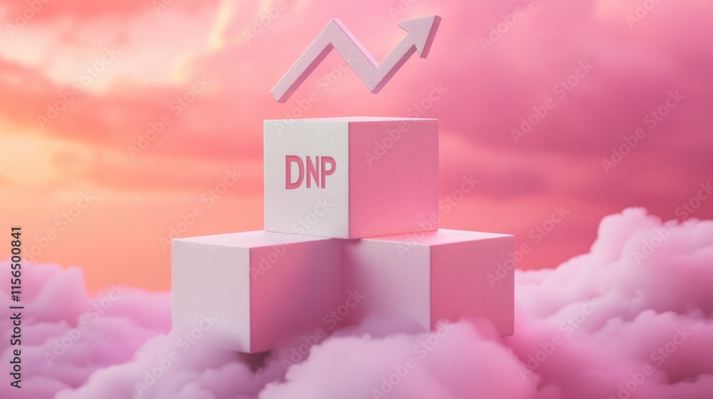 Poster 3d cubes with dnp letters and upward arrow symbol against a pink sky background ideal for business g