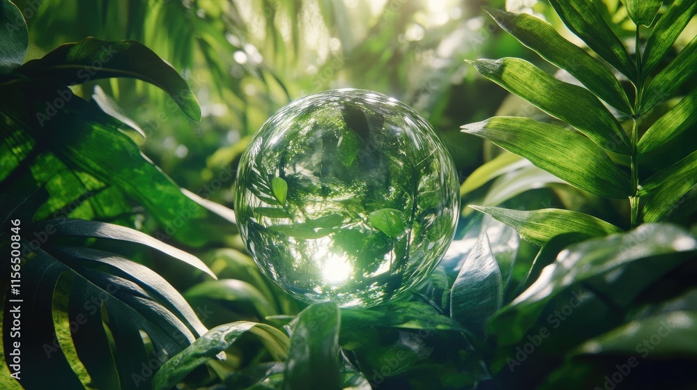 Aufkleber crystal orb surrounded by vibrant green leaves in a lush forest setting with ample space for text ov