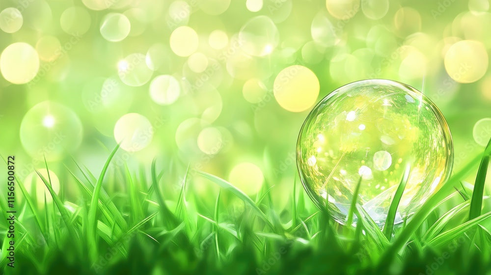 Poster crystal globe on lush grass showcasing blurred bokeh background emphasizing eco-friendly themes with