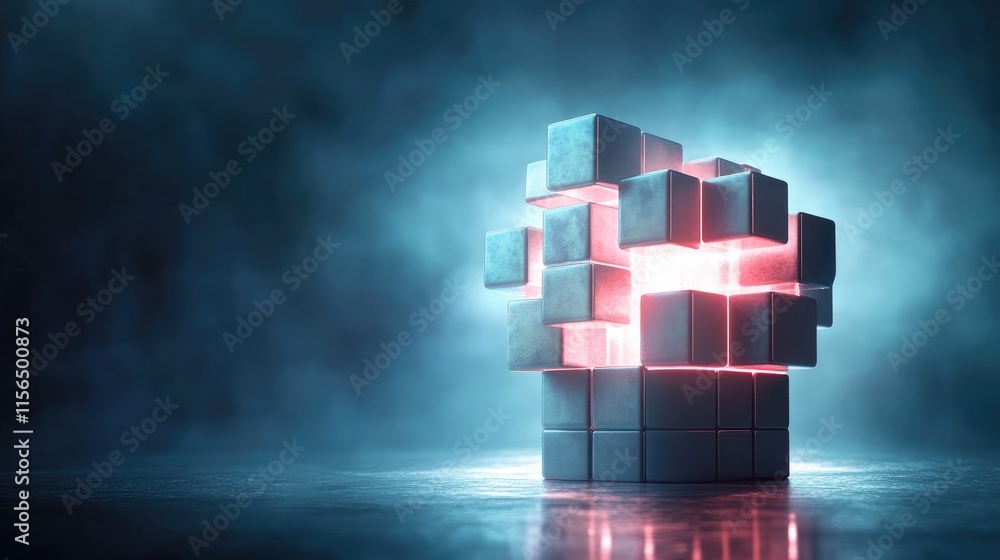 Poster creative abstract representation of a glowing cube with x-ray vision illuminating the surrounding mi