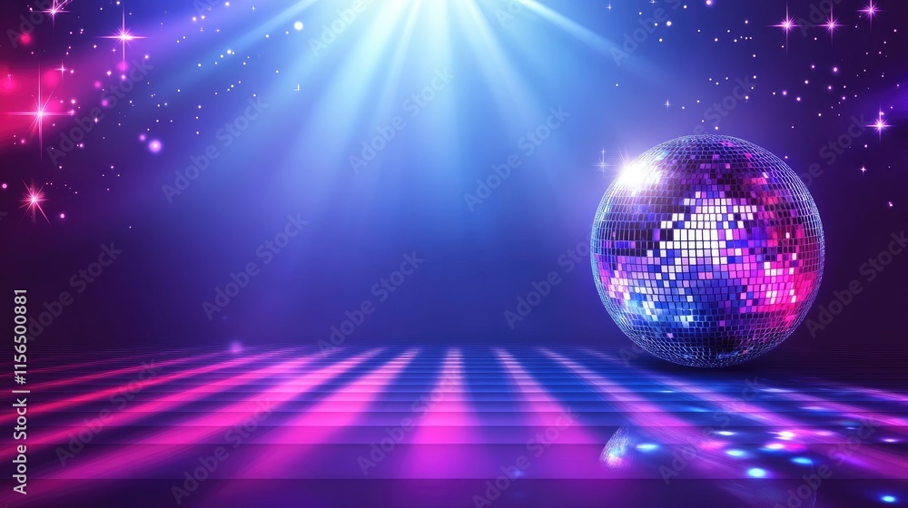 Poster vibrant disco ball with colorful lights creating a lively party atmosphere and empty space for text 