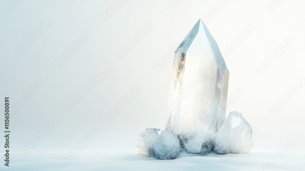 Poster raw crystal quartz point isolated on white background with copy space for text in minimalist and ele