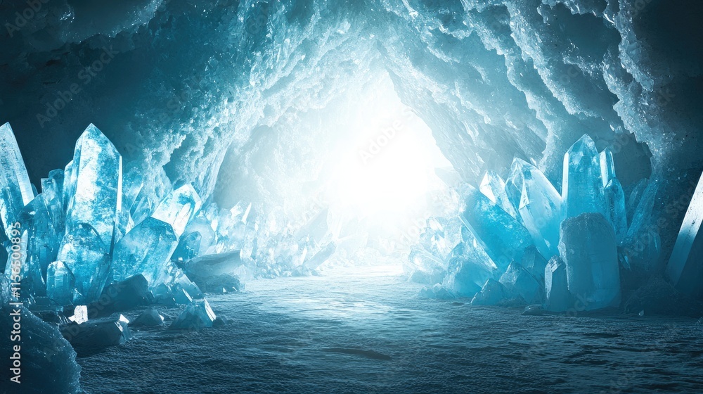 Poster enchanting crystal cave glowing with light and vast empty space for text or design elements in a mys