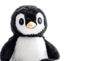 Fototapeta premium Cuddly penguin plush toy with soft texture isolated on white background ideal for creative designs and advertising purposes