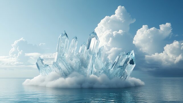 Crystal formations emerging from ocean waves surrounded by clouds providing ample text space for promotional or informational content.