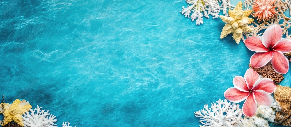 Poster vibrant blue water lagoon background with coral and flowers creating a serene setting for text and d