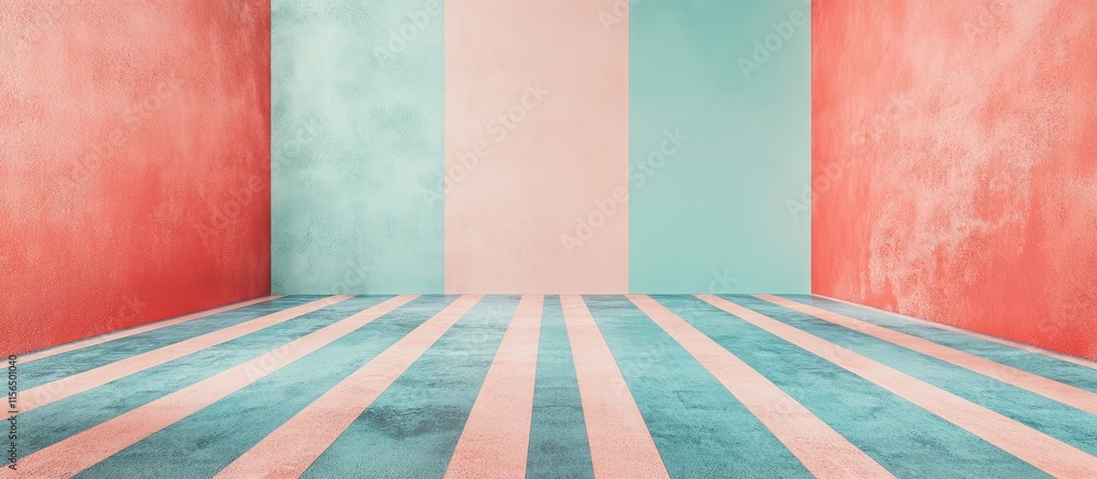 Poster geometric coral and aqua lines on floor with empty wall space for text ideal for modern design or ad