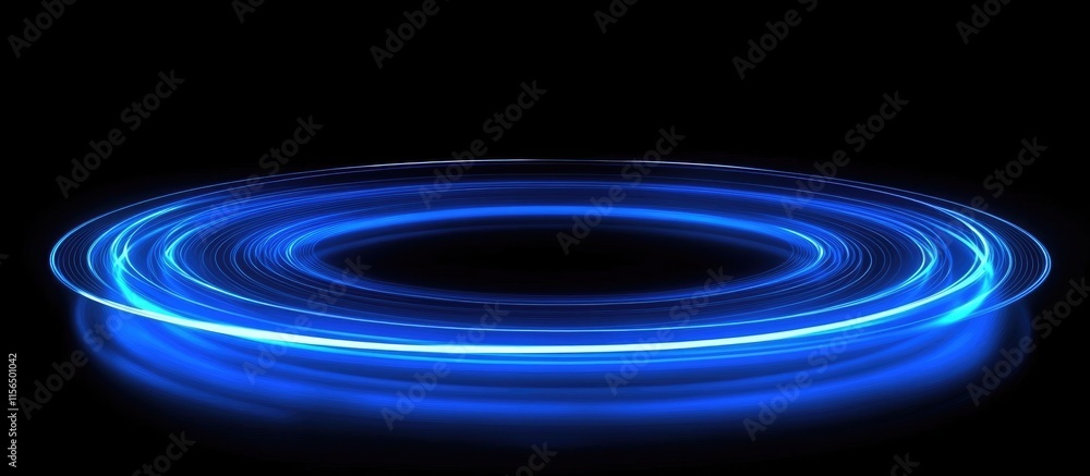 Poster 3d illustration of glowing blue circular light lines on a dark background with laser effects and spa