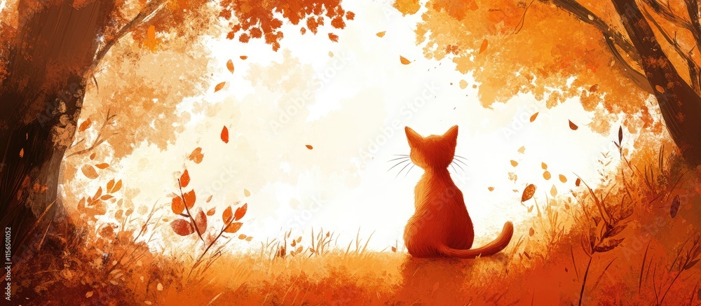 Poster copper cat gazing at autumn park scene with vibrant leaves and soft light ideal for text placement a