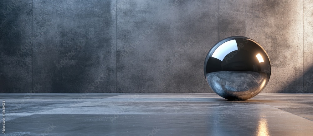 Poster modern metallic sphere on textured floor with minimalist design and empty space for creative text or