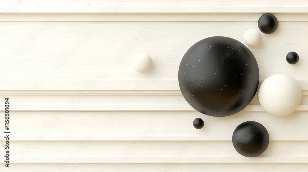 Poster abstract sphere composition, black and white spheres rest on a textured surface, creating a visually