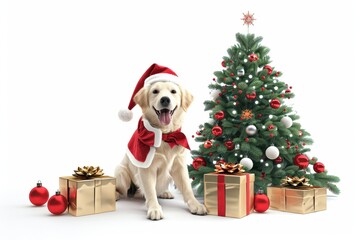 Dog in Santa Claus costume gift box and Christmas tree on white background
