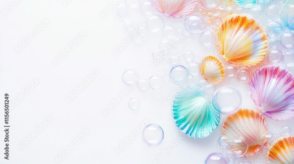 Poster colorful shell shaped soap bubbles arranged on a white background creating a fresh and vibrant atmos