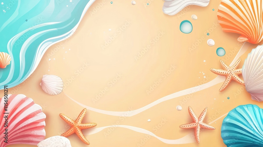 Aufkleber colorful seashells and starfish arranged on sandy beach with soft waves creating a tranquil backgrou
