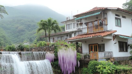 Fototapeta premium White house by waterfall with purple wisteria.
