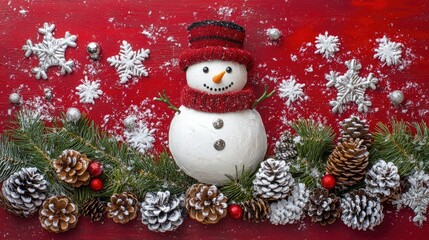 Obraz premium Colorful seasonal flat lay with snowman pine cones and silver stars on red background featuring empty space for festive text or messages
