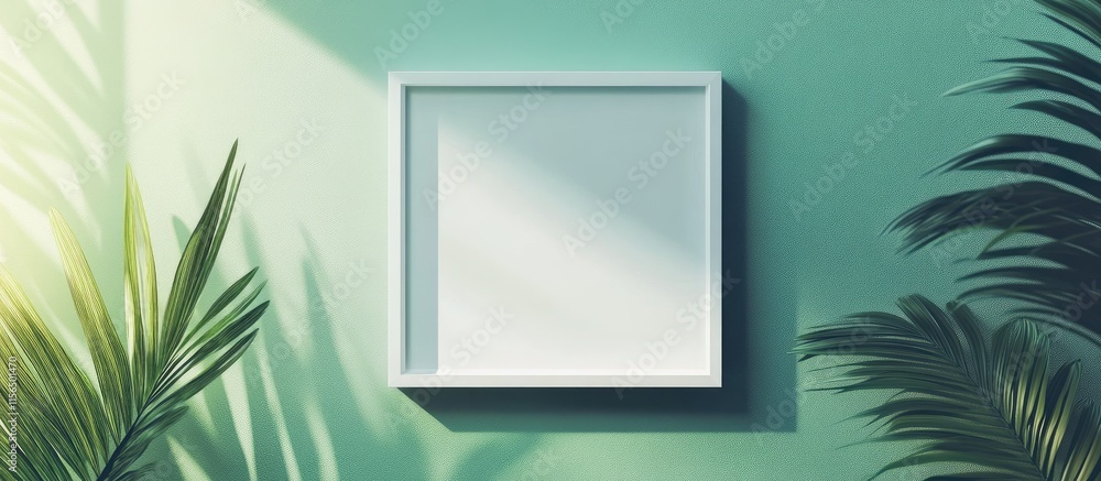 Poster empty square frame mockup on a green background with natural light and plants creating a serene atmo