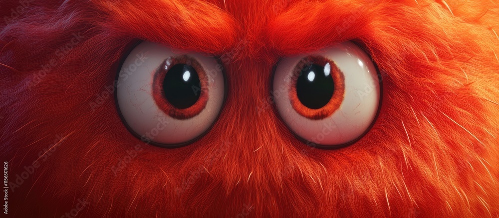 Poster red furry monster face with wide eyes capturing a whimsical character expressing emotion and offerin