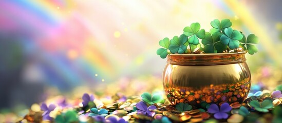 Pot of gold adorned with four leaf clovers set against a vibrant rainbow background with space for text for festive celebrations
