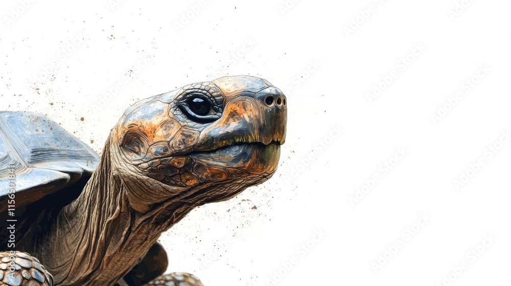 Poster detailed close-up portrait of a tortoise featuring smooth textures and empty space for text placemen